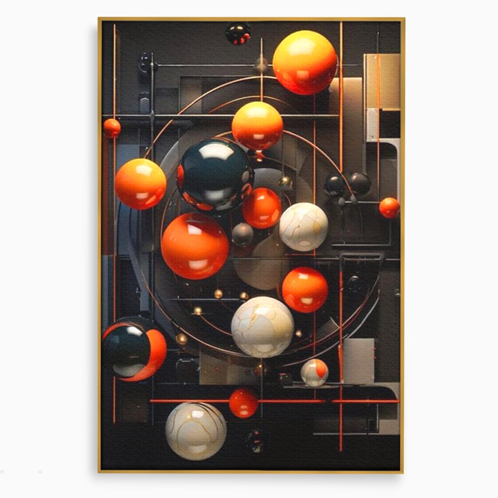 Tablou canvas cu ilustratie abstracta cu planete si orbite, in rama de aluminiu auriu